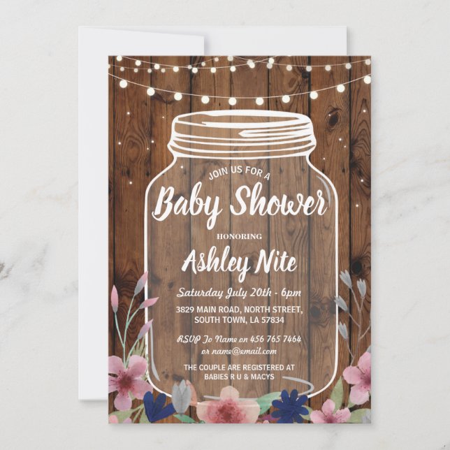 Baby Dusche Party Rustic Jar Wood Floral Einladung (Vorderseite)