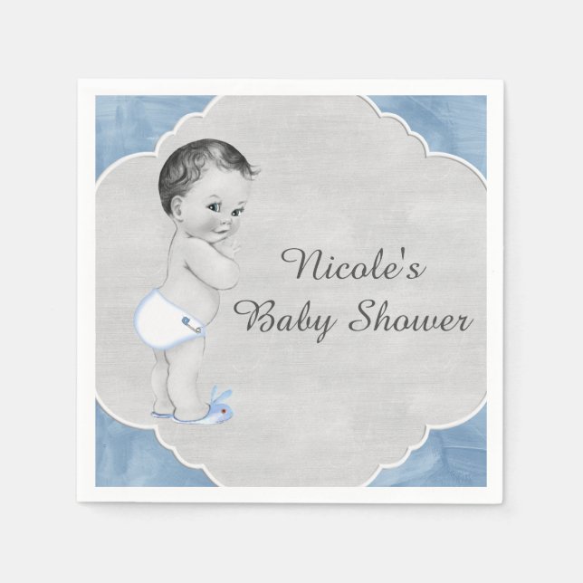 Baby Dusche Pastel Blue Vintag Little Boy Serviette (Vorderseite)