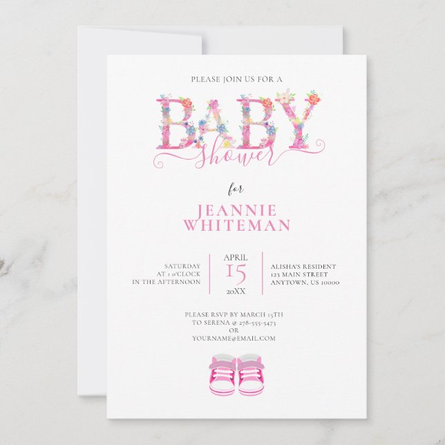 BABY DUSCHE, PINK-HINTERN, PINK FLORAL EINLADUNG (Vorderseite)