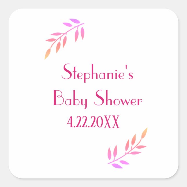 Baby Dusche Pink Leaf Muster Girls Niedlich Quadratischer Aufkleber (Vorderseite)