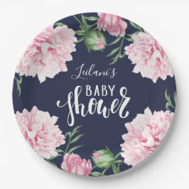 Baby Dusche Pink Peony Bloral Navy Blue Pappteller