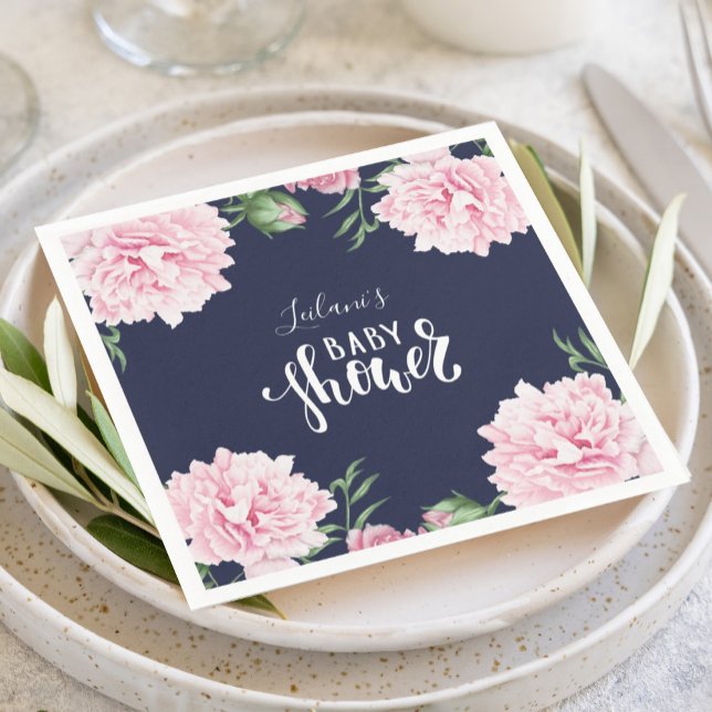 Baby Dusche Pink Peony Bloral Navy Blue Serviette (Pink peony watercolor botanical floral with a navy background and fun typography napkin for a shower)