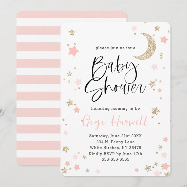 Baby Dusche Pink und Gold Glitzer Twinkle Star Einladung (Vorne/Hinten)