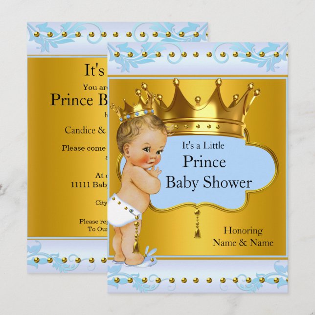Baby Dusche Prince Boy Blue Gold Crown Blonde Einladung (Vorne/Hinten)