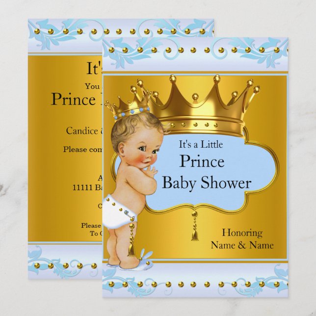 Baby Dusche Prince Boy Blue Gold Crown Blonde Einladung (Vorne/Hinten)