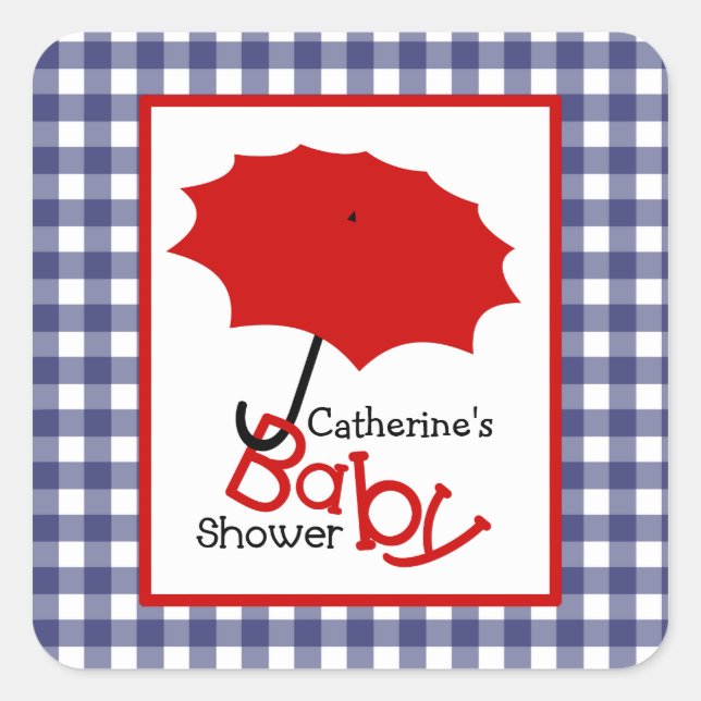 Baby Dusche Red Umbrella & Blue Gingham Quadratischer Aufkleber (Vorderseite)