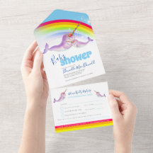 Baby Dusche Regenbogen Narwale blau Aquarell