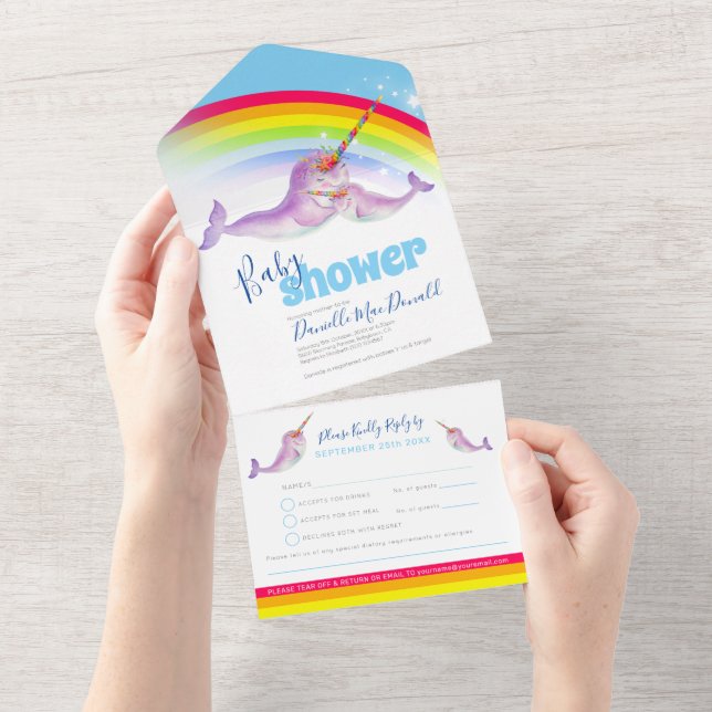 Baby Dusche Regenbogen Narwale blau Aquarell All In One Einladung (Abreißen)