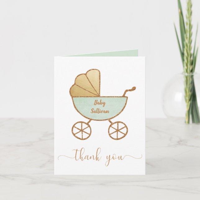 Baby Dusche Retro Carriage Mint Gold Dankeskarte (Vorderseite)