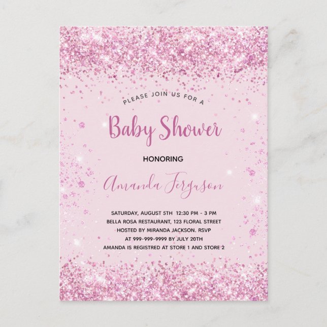 Baby Dusche Rosa Glitzer Mädchenskript Ankündigungspostkarte (Vorderseite)