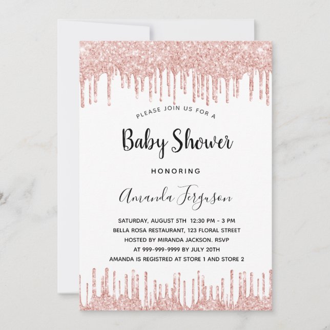 Baby Dusche Rosa Glitzer Tropfen Mädchen Einladung (Vorderseite)