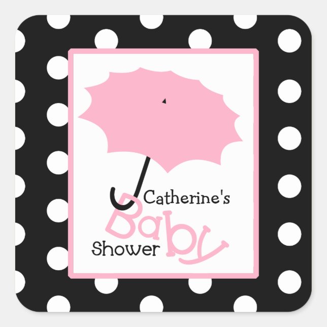Baby Dusche Rosa Schirm & Polka Dots Quadratischer Aufkleber (Vorderseite)