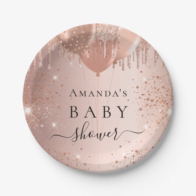 Baby Dusche Rose Gold Glitzer Ballons Glaze Pappteller (Vorderseite)