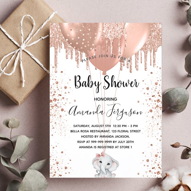 Baby Dusche Rose Gold Glitzer Elefantenballons Einladungspostkarte (Von Creator hochgeladen)