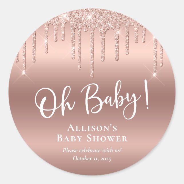 Baby Dusche Rose Gold Glitzer Runder Aufkleber (Vorderseite)