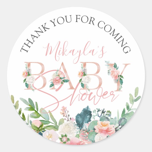 Baby Dusche Rose Gold Pink Blumenschrift Vielen Da Runder Aufkleber (Vorderseite)
