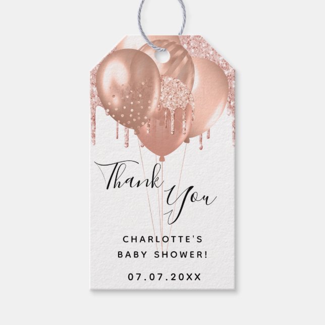Baby Dusche Rose Goldballon Danke Geschenkanhänger (Vorderseite)