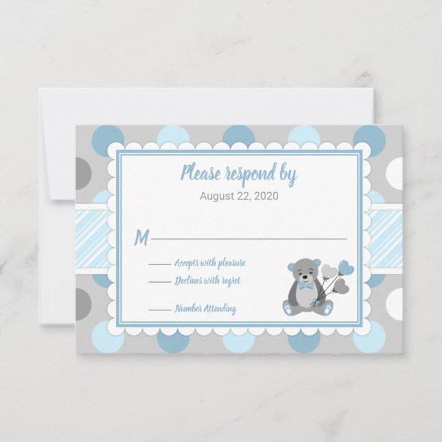 Baby Dusche RSVP Karte blau grauer Teddybär (Vorderseite)