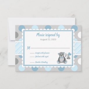 Baby Dusche RSVP Karte blau grauer Teddybär