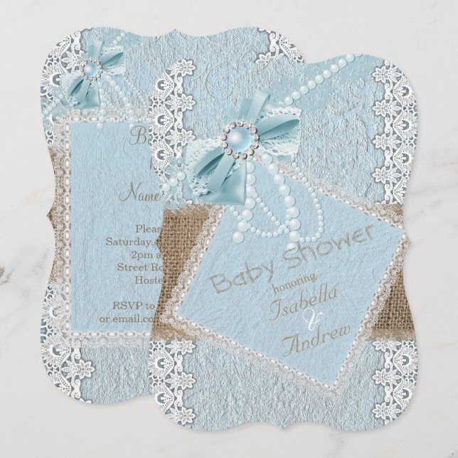 Baby Dusche Rustic Blue Bow Pearl Lace Burlap Einladung (Vorne/Hinten)