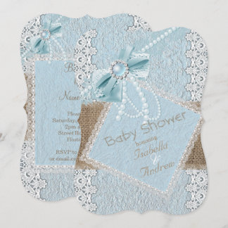 Baby Dusche Rustic Blue Bow Pearl Lace Burlap Einladung