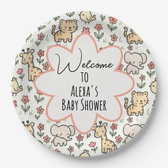 Baby Dusche Safari Tier mit Blume Pappteller (Vorderseite)