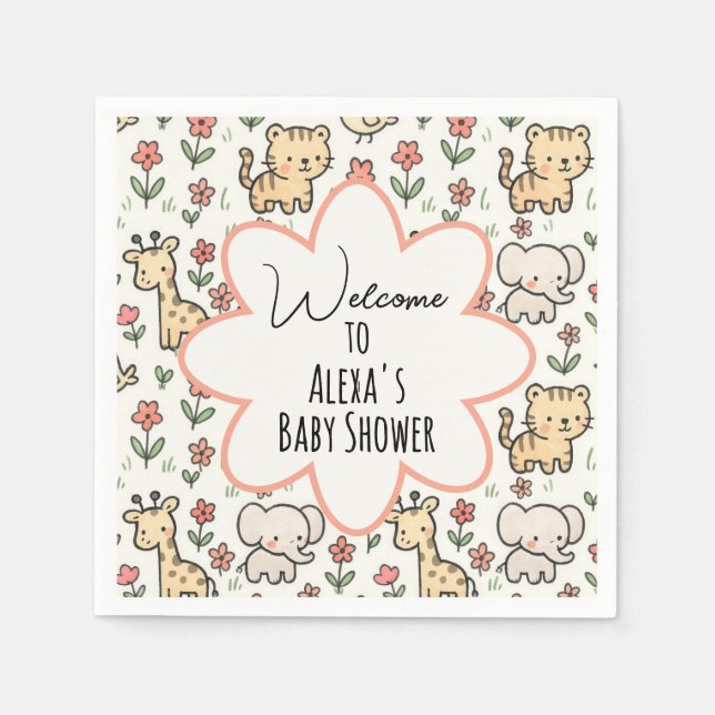 Baby Dusche Safari Tier mit Blume Serviette (Vorderseite)