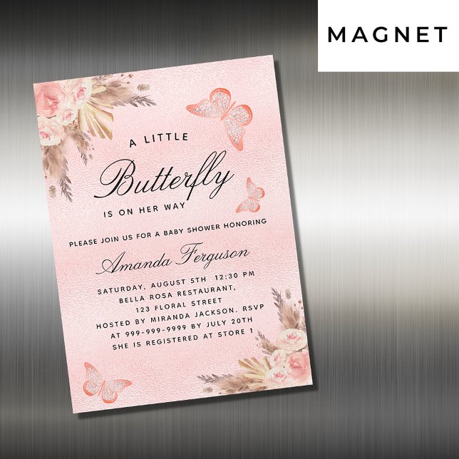 Baby Dusche Schmetterling Mädchen pink pampas Luxu Magneteinladung (Von Creator hochgeladen)