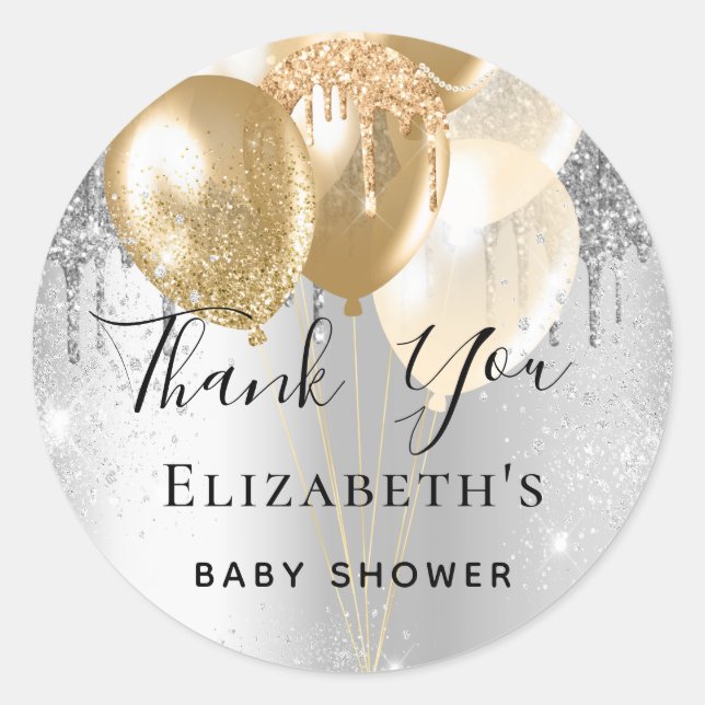 Baby Dusche silberne Glitzer Ballons Vielen Dank Runder Aufkleber (Vorderseite)