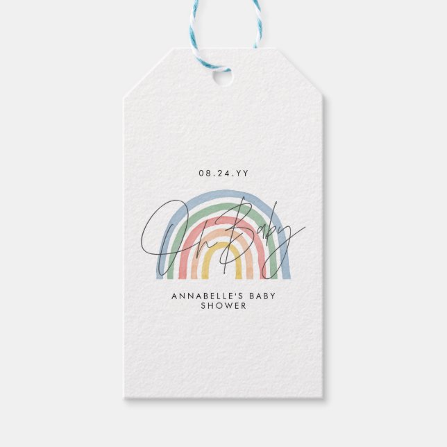 Baby Dusche Skript farbige Aquarellfarbe Regenboge Geschenkanhänger (Vorderseite)