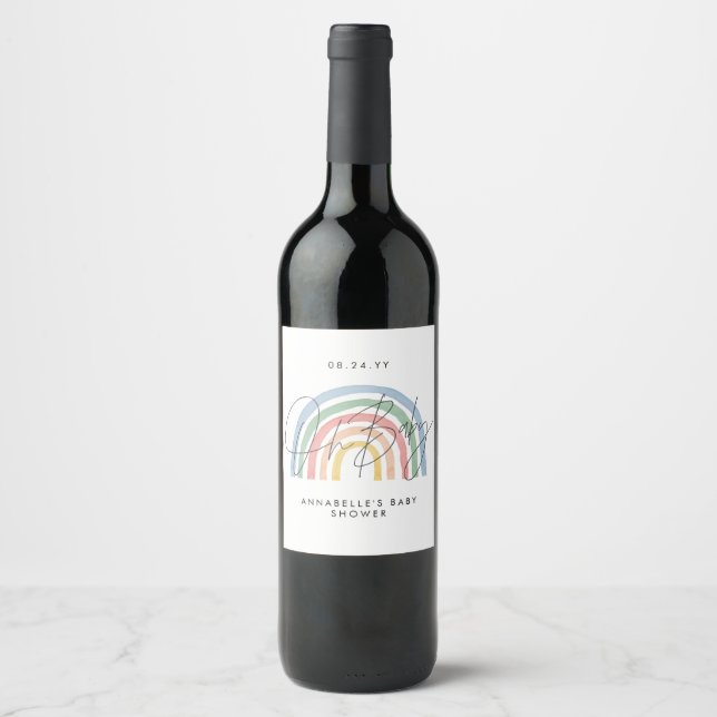 Baby Dusche Skript farbige Aquarellfarbe Regenboge Weinetikett (Vorderseite)