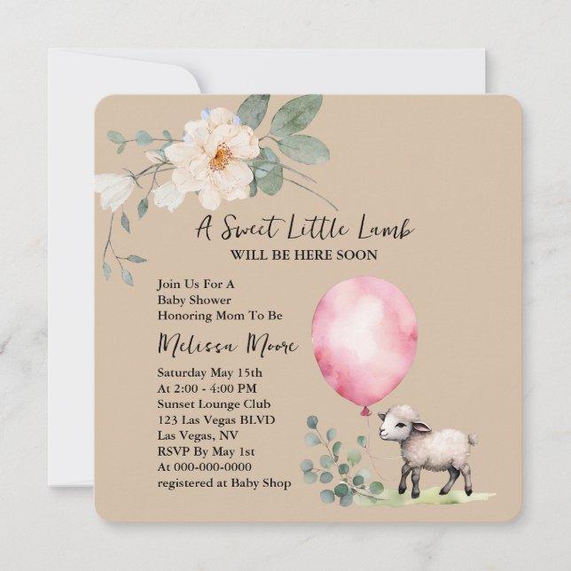 Baby Dusche Sweet Little Lamb Pink Ballon Einladung (Vorderseite)