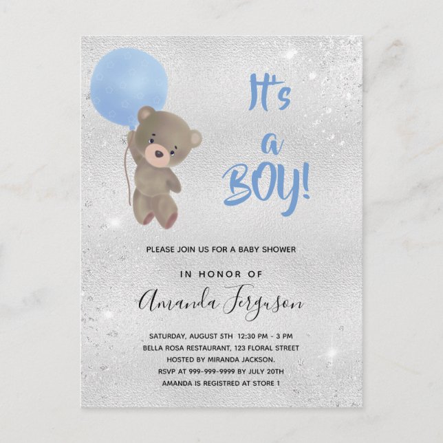 Baby Dusche Tedbear Bärenjunge Blau Silber Einladungspostkarte (Vorderseite)