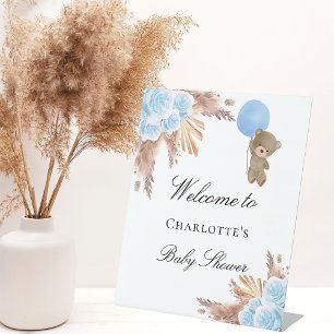 Baby Dusche Teddy Bär Pampas Gras Blau Junge Sockelschild