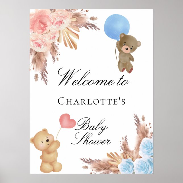 Baby Dusche Teddy Bär Pampas Gras Geschlecht offen Poster (Vorne)