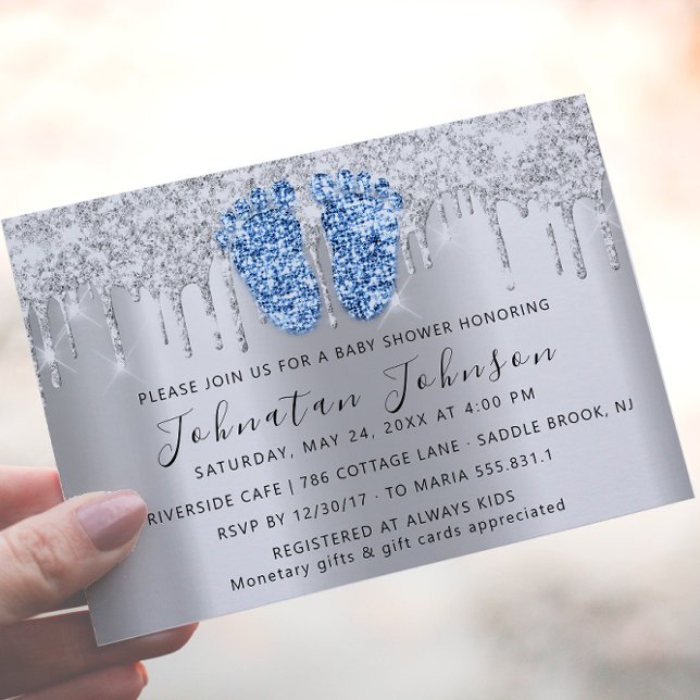 Baby Dusche Tropfen Glitzer Blue Feet Gray Boy Gir Einladung (Baby Shower Drips Glitter Blue Feet Gray Boy Girl Invitation)