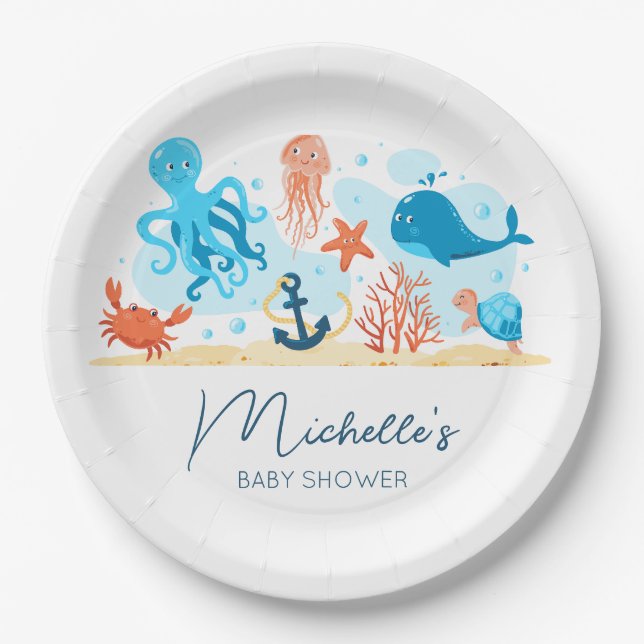Baby-Dusche unter der Meerestierdusche Pappteller (Vorderseite)