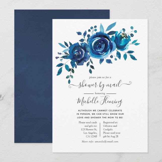 Baby-Dusche von Navy und White Floral von Mail Einladung (Vorne/Hinten)