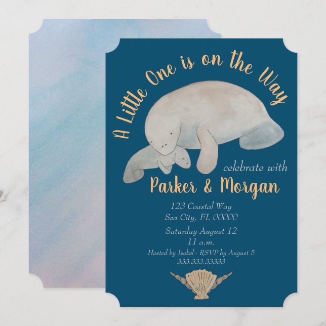 Baby-Dusche von Ocean Animal Manatee Einladung (Vorne/Hinten)