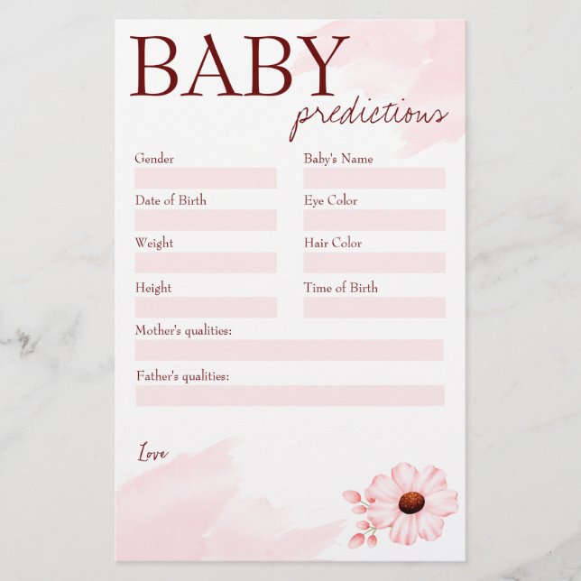 Baby Dusche Vorhersage Spiel pink für ein kleines  Briefpapier (Vorderseite)