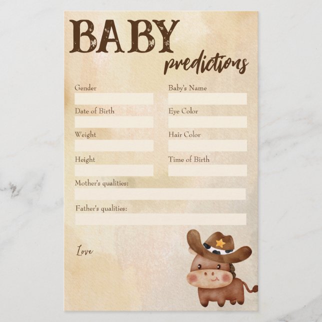 Baby Dusche Vorhersagespiel kleiner Cowboy Briefpapier (Vorderseite)