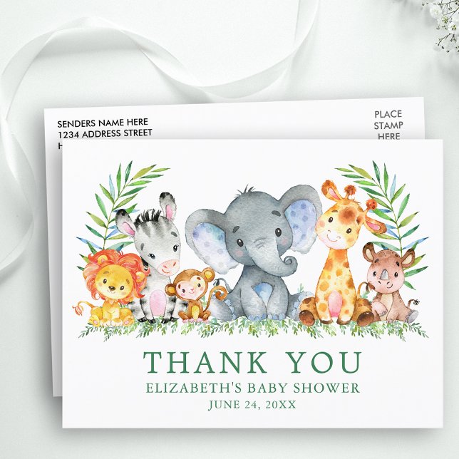 Baby Dusche Watercolor Safari Tiere Danke Postkarte (Customize to change text size, color or text style.)