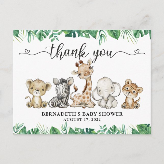 Baby Dusche Watercolor Safari Tiere Danke Postkarte (Vorderseite)