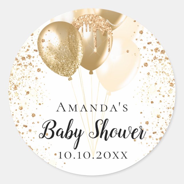 Baby Dusche Weißgoldballons Glitzer Name Runder Aufkleber (Vorderseite)