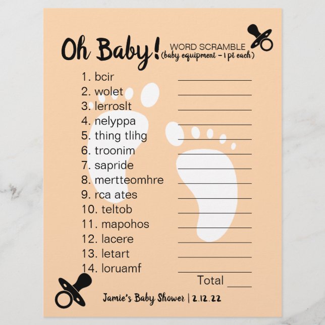 Baby Dusche Word Scramble Peach (Vorderseite)