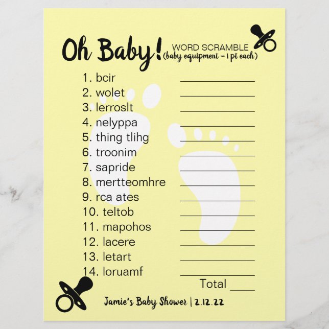 Baby Dusche Word Scramble Yellow (Vorderseite)
