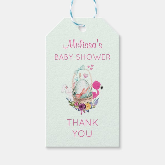 Baby Duschei mit Flamingo & Bunny Danke Geschenkanhänger (Vorderseite)