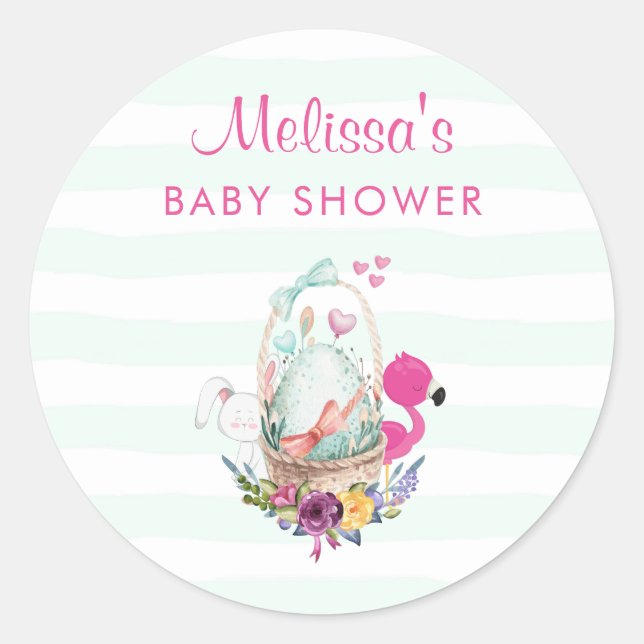Baby Duschei mit Flamingo & Bunny Runder Aufkleber (Vorderseite)
