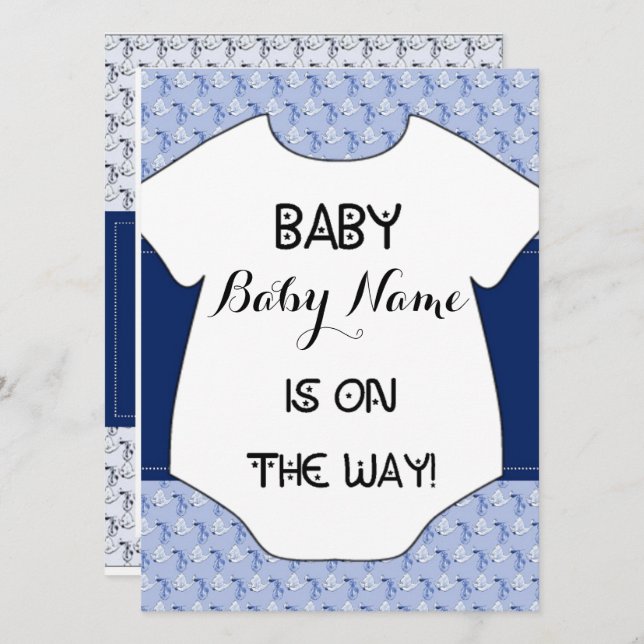 Baby-Duschen-Einladungs-Storch-Bodysuit-Blau Einladung (Vorne/Hinten)