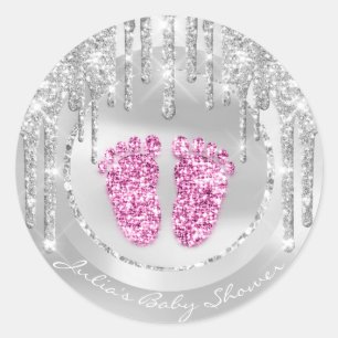 Baby-Duschen-Fuß-rosa NamensTropfen-Grau-Glitzer Runder Aufkleber